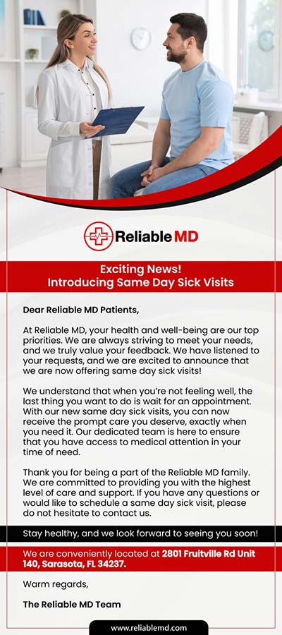 Exciting New! Introducing Same Day Sick Visits at Reliable MD, Primary Care Located in Sarasota, FL