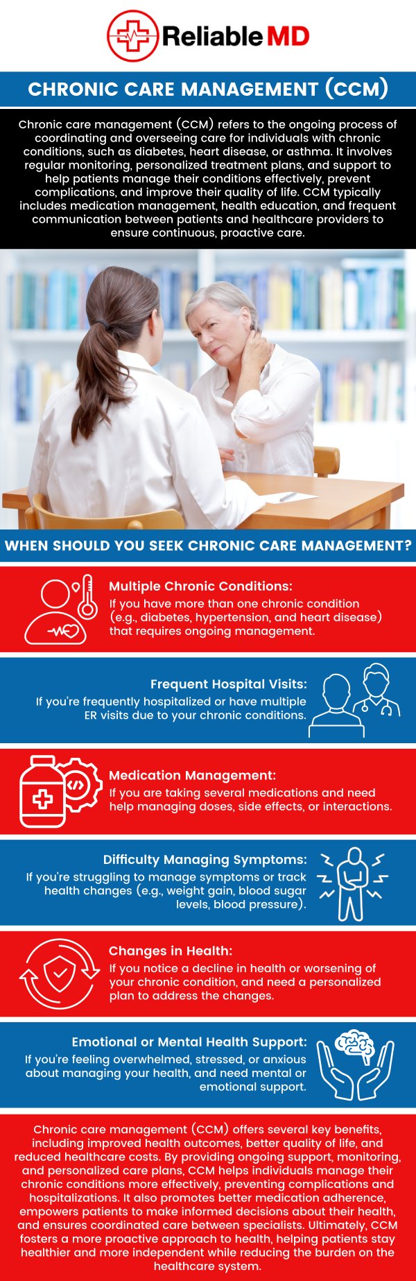 Common questions asked by patients: What is Chronic Care Management? How does Remote Health Monitoring work? Who qualifies for Chronic Care Management? What types of conditions benefit from CCM? At Reliable MD, we now offer Chronic Care Management and Remote Health Monitoring in Sarasota, FL, at no out-of-pocket cost. This service provides regular check-ins, personalized guidance, and convenient access to your health information, helping you stay healthy, happy, and in control year-round. For more information, contact us today or book an appointment online. We are conveniently located at 2801 Fruitville Rd Unit 140, Sarasota, FL 34237. Common questions asked by patients: What is Chronic Care Management? How does Remote Health Monitoring work? Who qualifies for Chronic Care Management? What types of conditions benefit from CCM?
At Reliable MD, we now offer Chronic Care Management and Remote Health Monitoring in Sarasota, FL, at no out-of-pocket cost. This service provides regular check-ins, personalized guidance, and convenient access to your health information, helping you stay healthy, happy, and in control year-round. For more information, contact us today or book an appointment online. We are conveniently located at 2801 Fruitville Rd Unit 140, Sarasota, FL 34237.