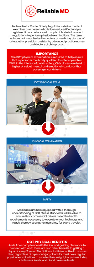 If you're looking to get a DOT (Department of Transportation) physical exam in Sarasota, FL, Reliable MD is here to provide comprehensive and efficient services. Our professional team is experienced in conducting DOT physicals to ensure you meet the health requirements needed for driving commercial vehicles. We make the process quick and easy, helping you stay on the road safely and compliant. For more information, contact us or schedule an appointment online. We are conveniently located at 2801 Fruitville Rd Unit 140, Sarasota, FL 34237. If you're looking to get a DOT (Department of Transportation) physical exam in Sarasota, FL, Reliable MD is here to provide comprehensive and efficient services. Our professional team is experienced in conducting DOT physicals to ensure you meet the health requirements needed for driving commercial vehicles. We make the process quick and easy, helping you stay on the road safely and compliant. For more information, contact us or schedule an appointment online. We are conveniently located at 2801 Fruitville Rd Unit 140, Sarasota, FL 34237.